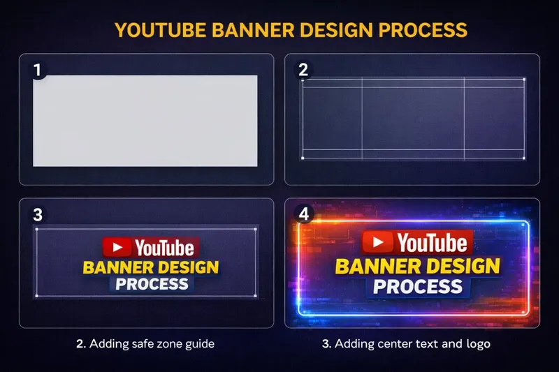 Step-by-step YouTube banner design process showing canvas setup at 2560x1440 safe zone marking and final channel art layout