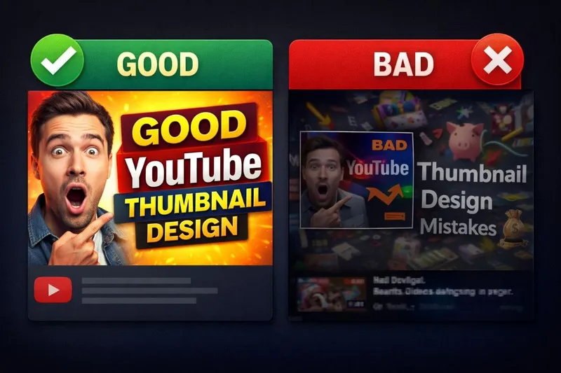 YouTube thumbnail design comparison showing high-CTR well-designed thumbnail versus poorly designed cluttered thumbnail