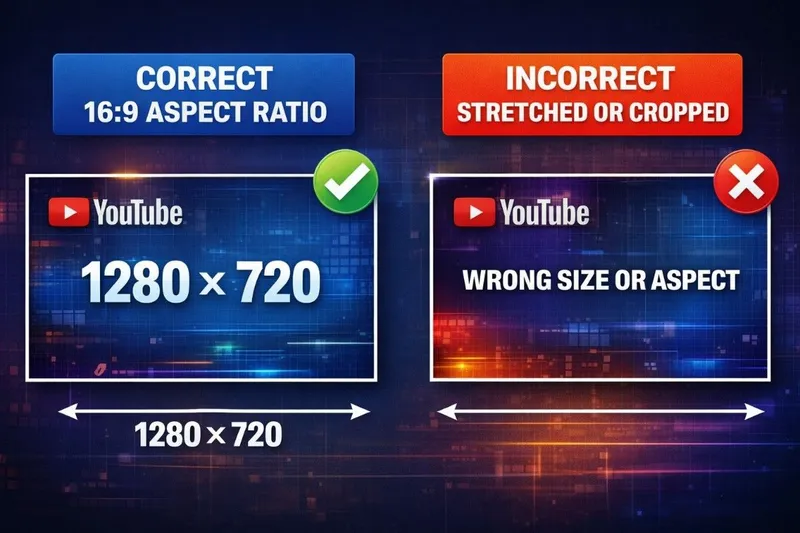 YouTube thumbnail dimensions comparison showing correct 1280x720 16:9 aspect ratio versus incorrect stretched and cropped thumbnail sizes