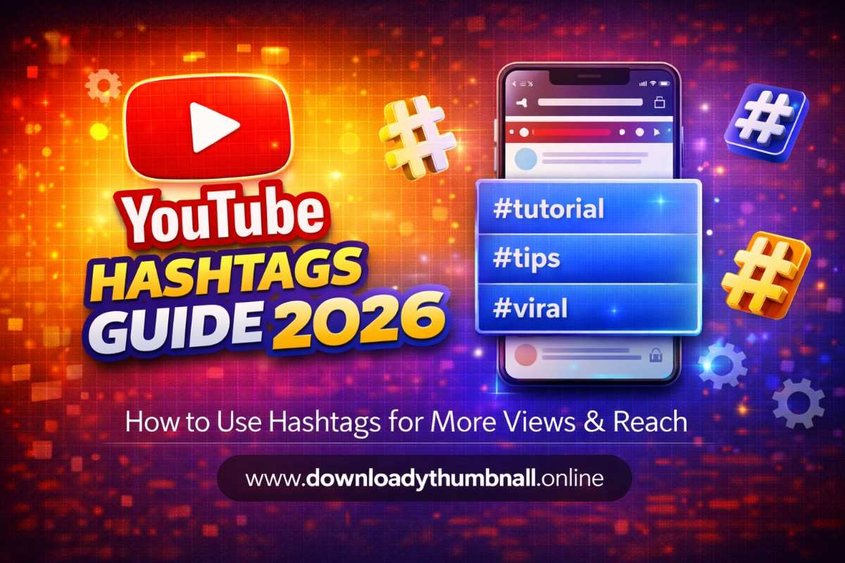 YouTube hashtags guide showing hashtag placement above video title with trending tags